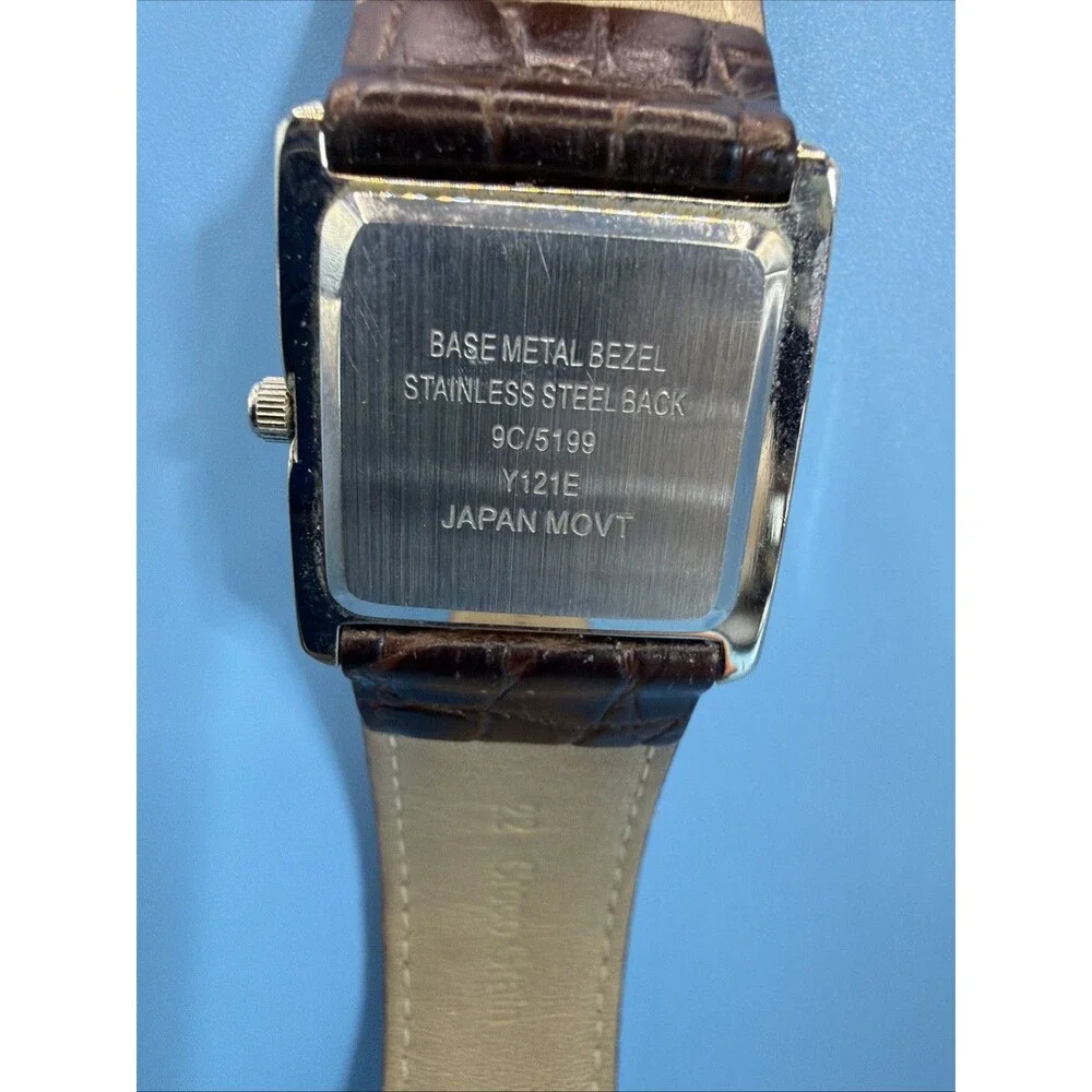 Nine Company Watch Brown Buckle Band Silver Toned Rectangular Face New Battery
